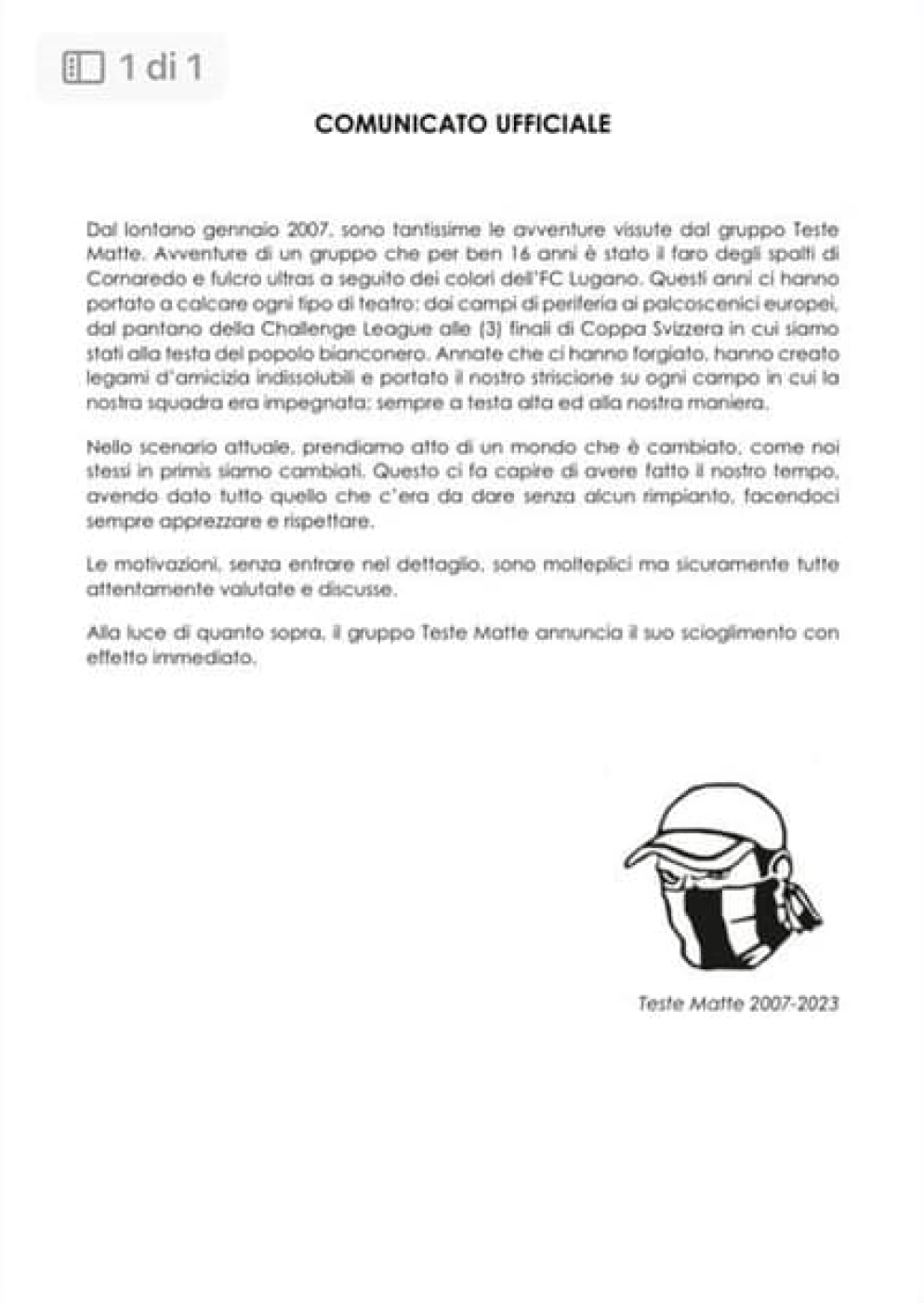 Il comunicato delle Teste Matte