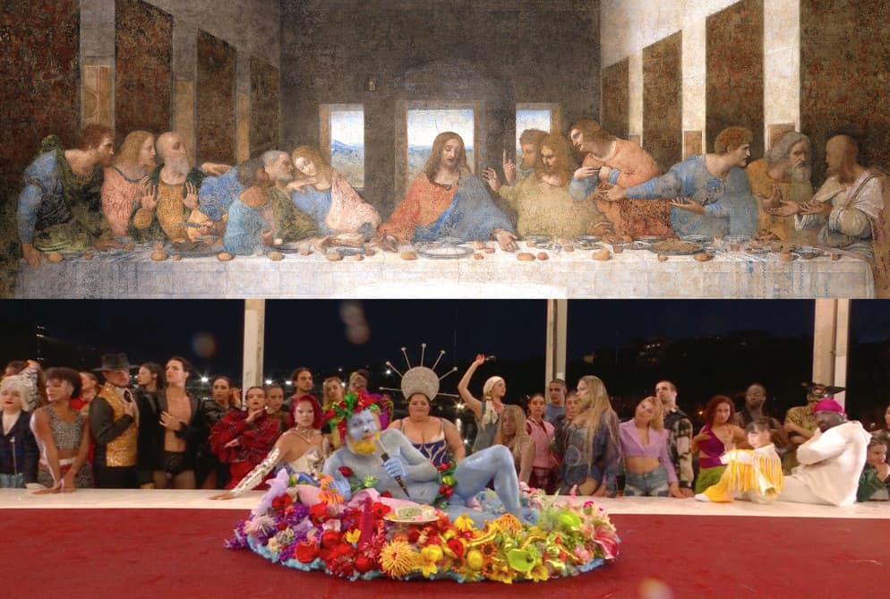 L'ultima Cena di Leonardo Da Vinci (sopra) e il momento contestato della cerimonia d'apertura dei Giochi Olimpici di Parigi (sotto).